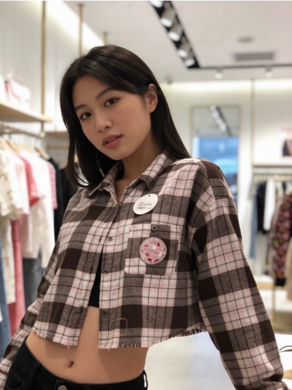Reimagined Cropped Pink Plaid Shirt Drinks Well With Others Size Medium Unique